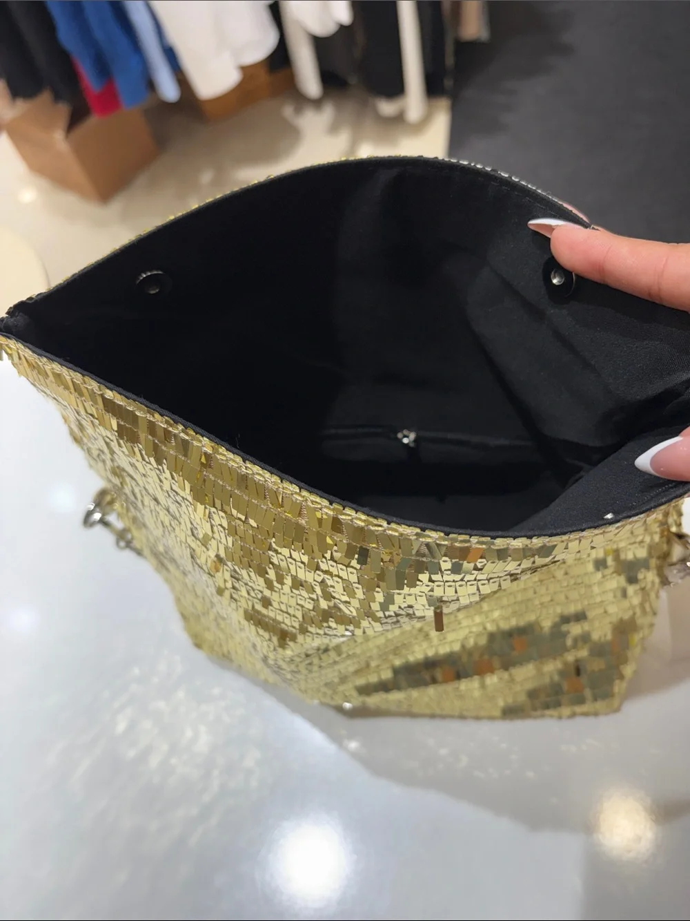 Gold Sequin Evening Clutch with Chain Strap